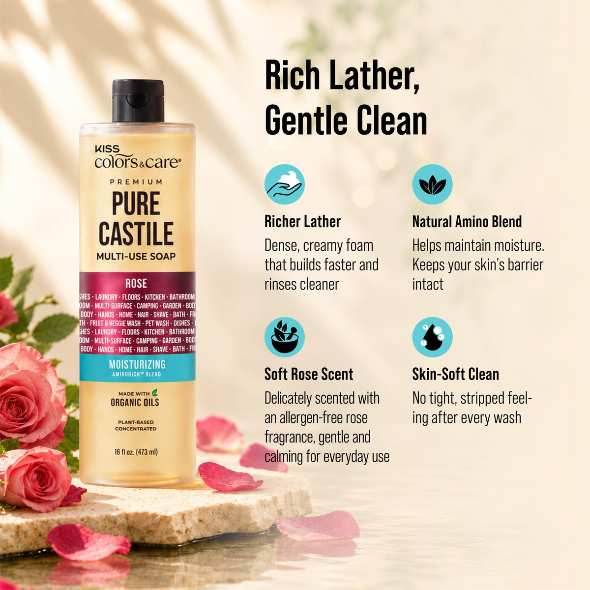 Premium Pure Castile Soap - 16 oz - Rose - photo 6